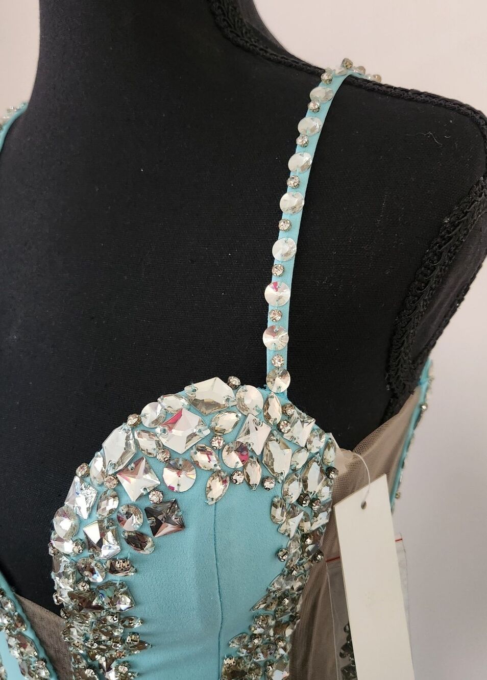 NWT-Jovani Couture Beaded Plunge Gown Tiffany Blue Slit Dress-Size 4 - Picture 9 of 16